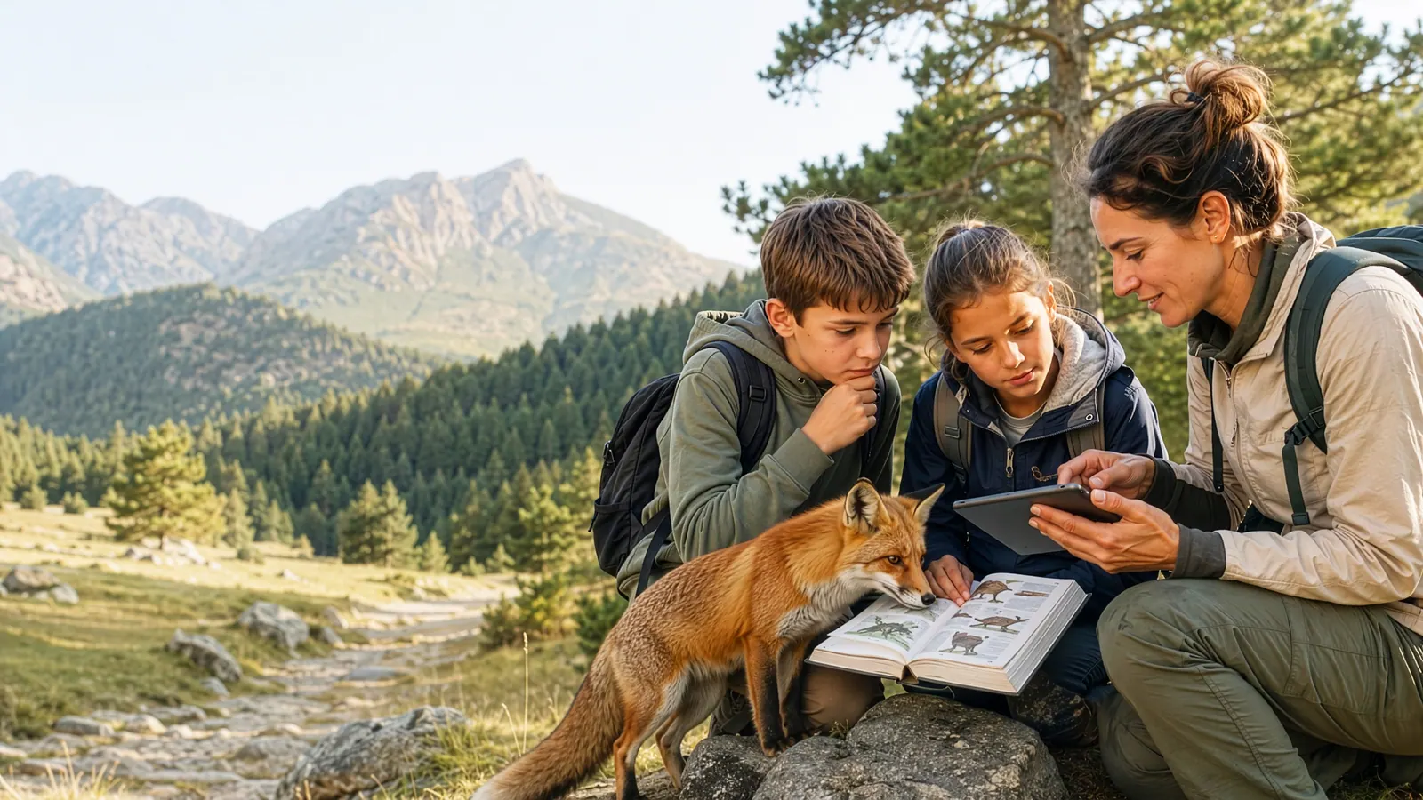 Niños y educadora aprendiendo sobre la fauna en la naturaleza